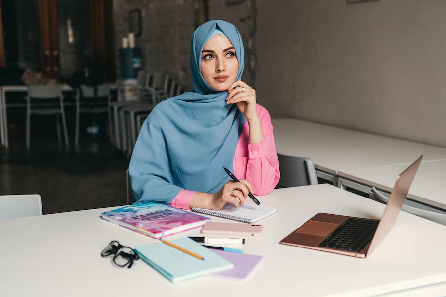 young pretty modern muslim woman hijab working laptop office room education online 285396 9441